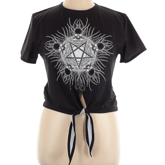 BLACKMILK Fire and Brimstone tie front skulls pentagram occult top - Picture 2 of 10